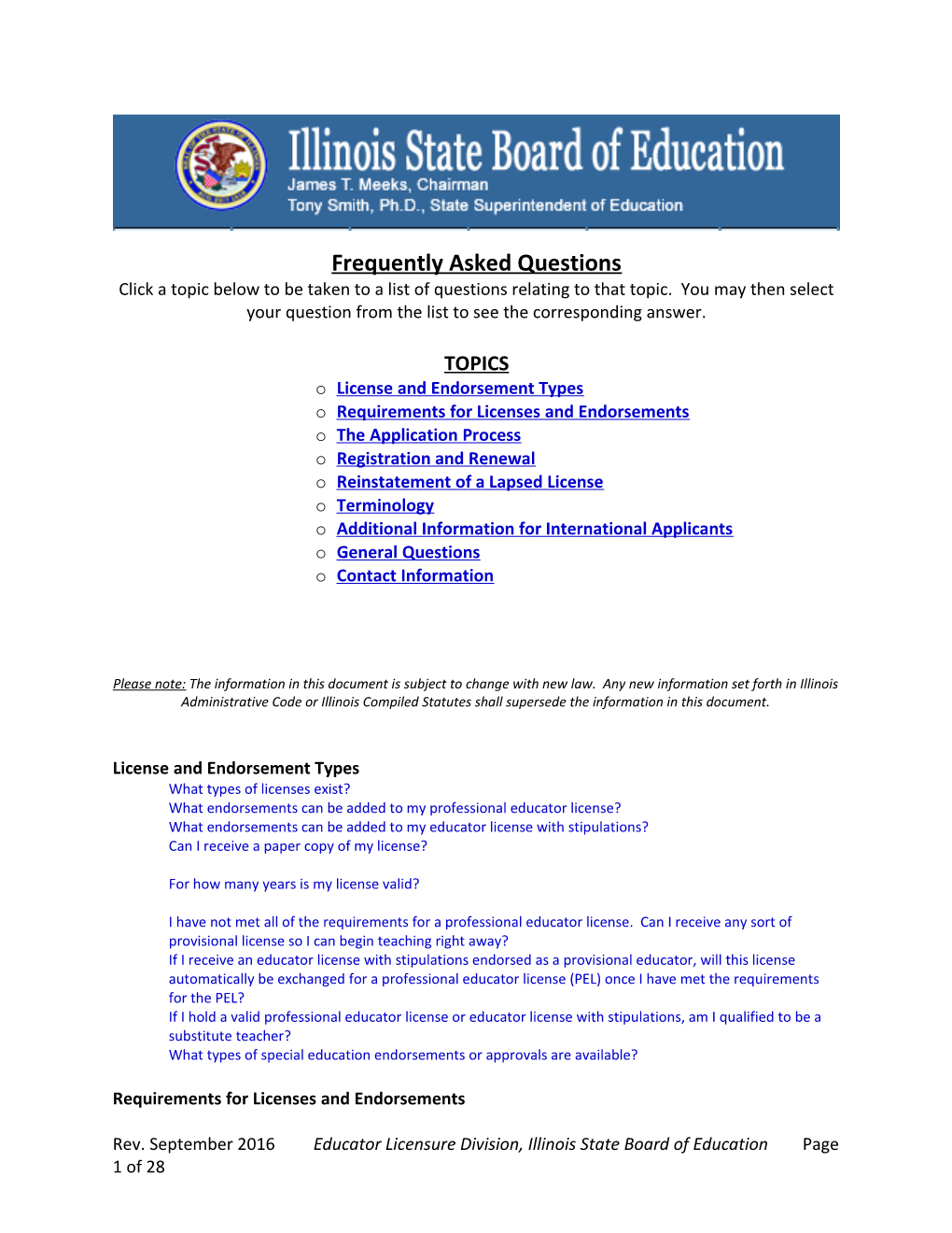 ISBE Educator Licensure Frequently Asked Questions - Rev. 9/20/14