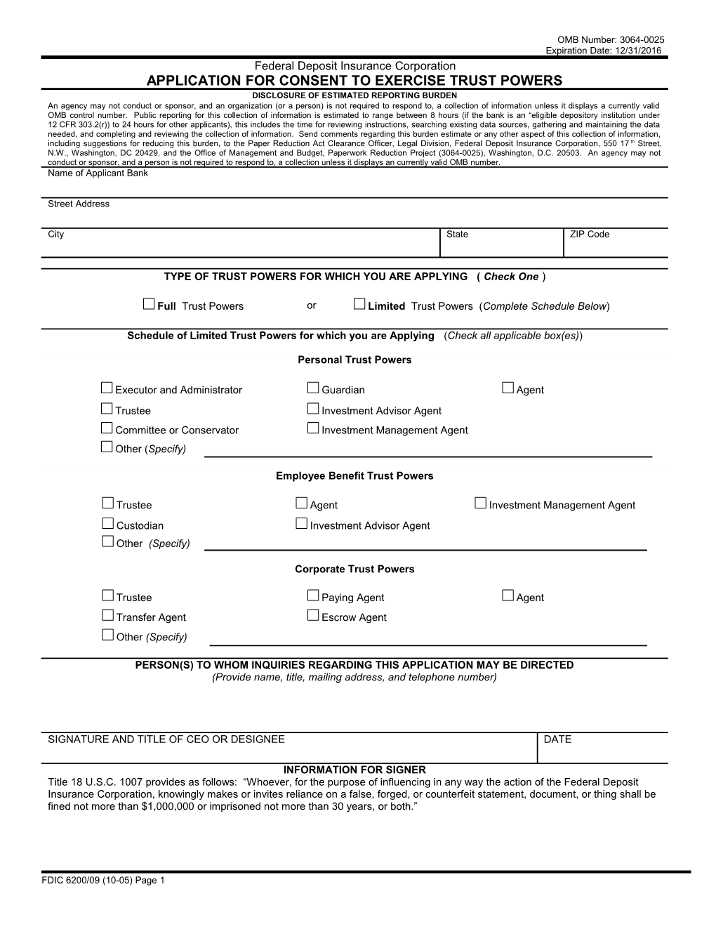 FDIC 6200/09 , Application for Consent to Exercise Trust Powers