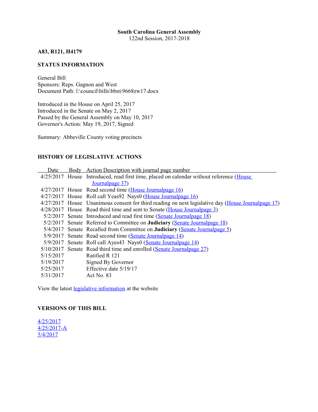 2017-2018 Bill 4179: Abbeville County Voting Precincts - South Carolina Legislature Online