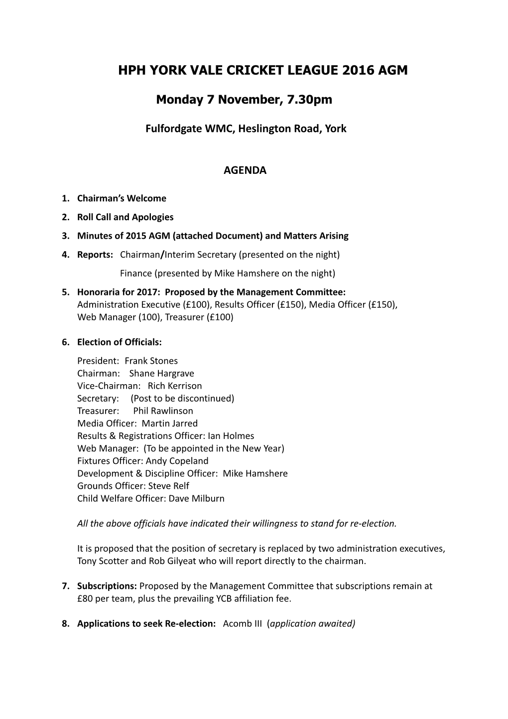 Hph York Vale Cricket League 2016 Agm