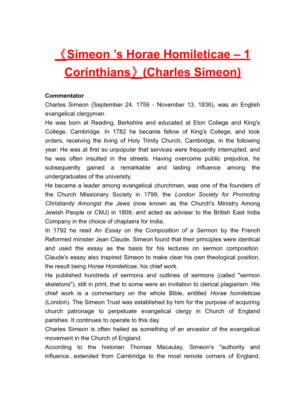Simeon S Horae Homileticae 1 Corinthians (Charles Simeon)