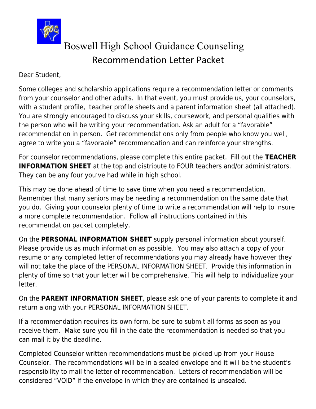 Recommendation Letter Packet