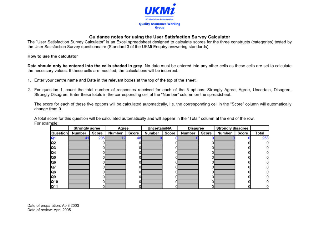 Guidance Notes for Using the User Satisfaction Survey Calculator