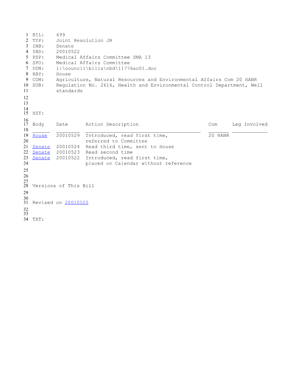 2001-2002 Bill 699: Regulation No. 2616, Health and Environmental Control Department, Well