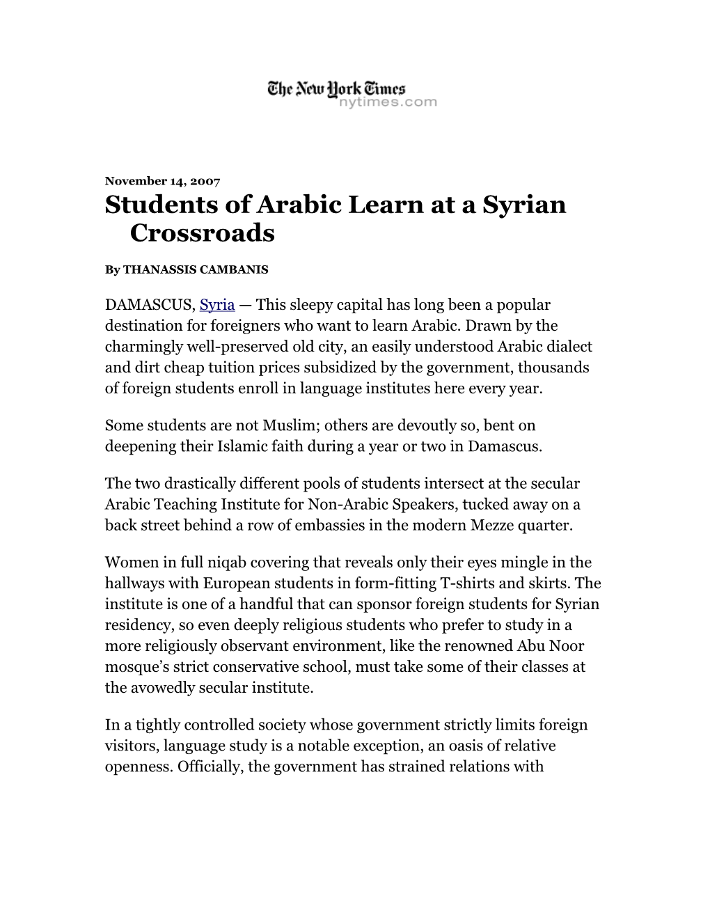 Students of Arabic Learn at a Syrian Crossroads