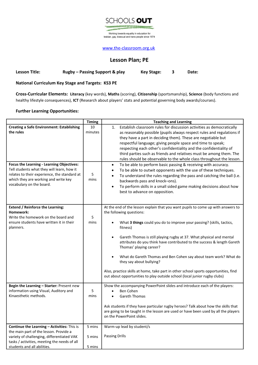 Lesson Title:Rugby Passing Support & Playkey Stage:3Date