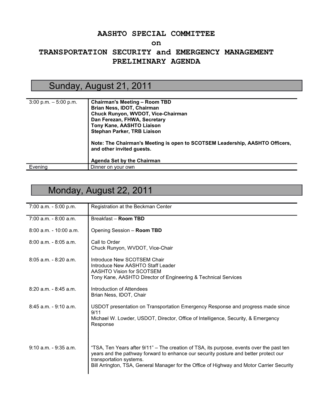 2011 AASHTO SCOTSEM Preliminary Agenda