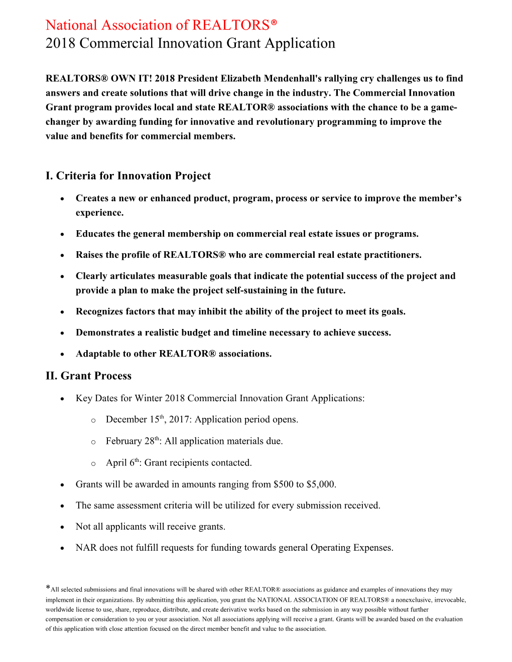 I. Criteria for Innovation Project