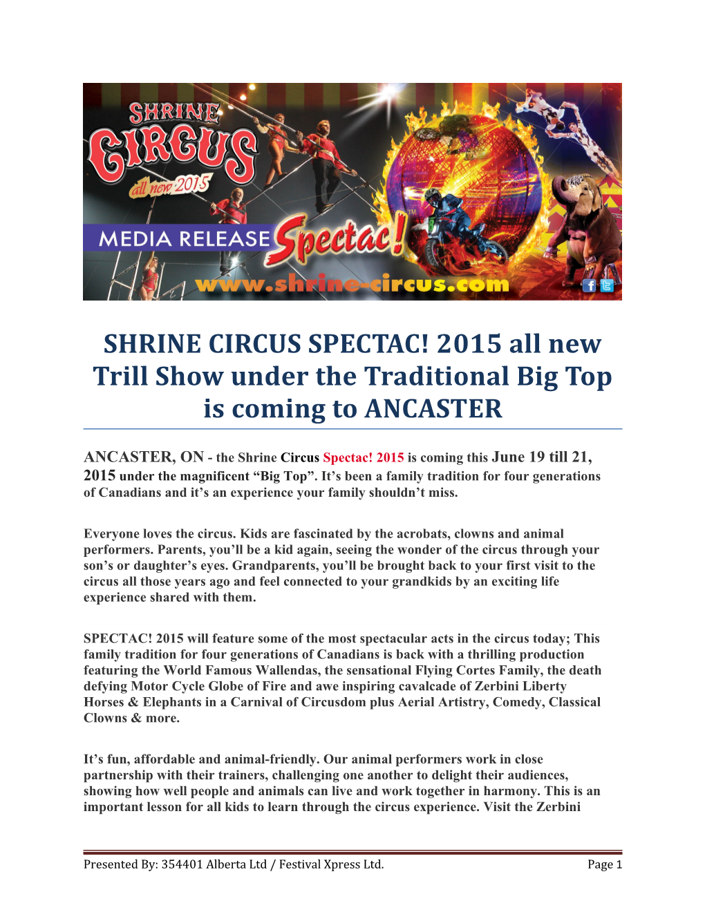 SHRINE CIRCUS SPECTAC! 2015 All New Trill Show Under the Traditional Big Top Is Coming