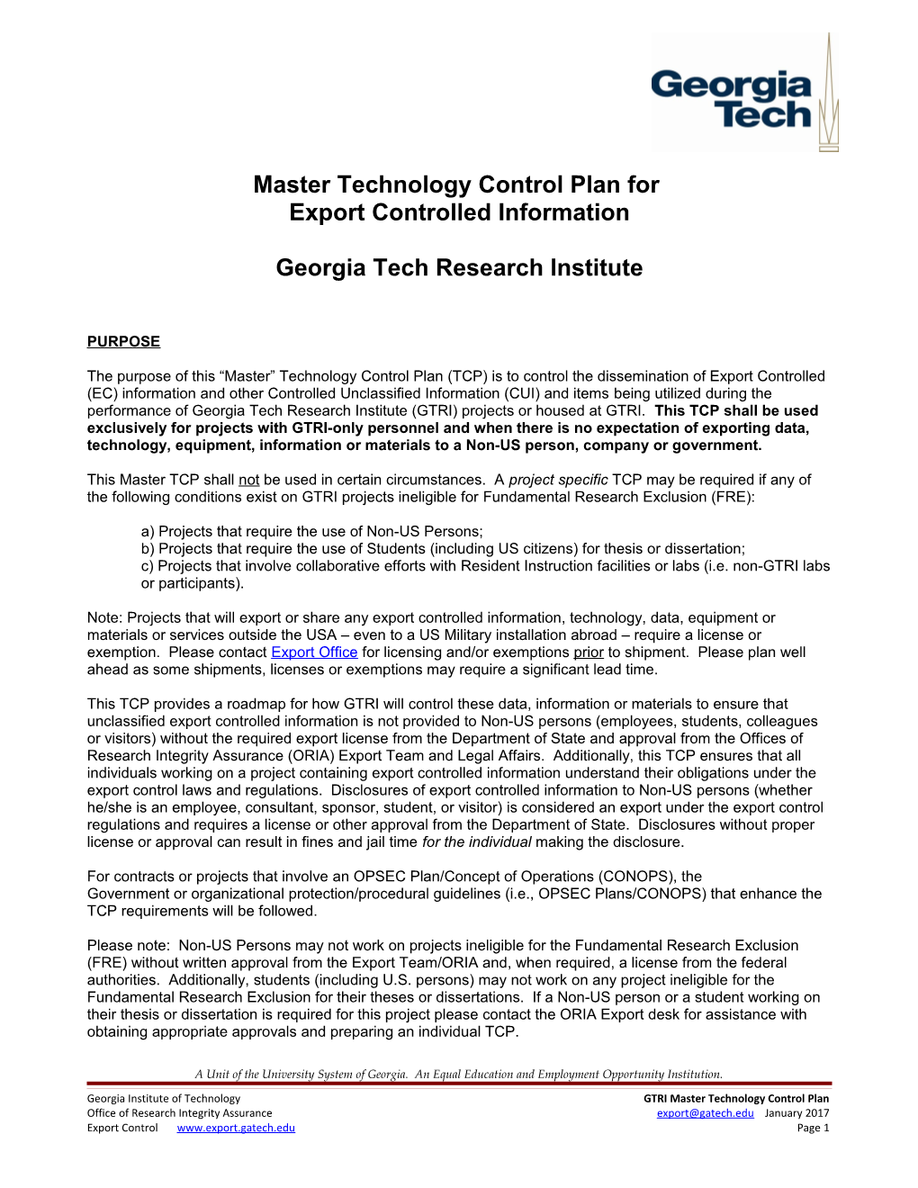 Master Technology Control Plan For