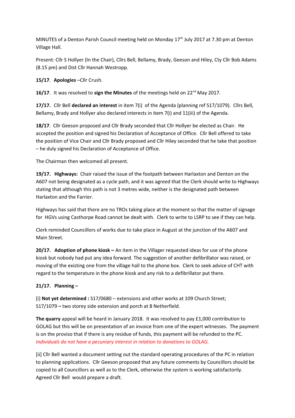 MINUTES of a Denton Parish Council Meeting Held on Monday 17Th July2017 at 7.30Pm at Denton