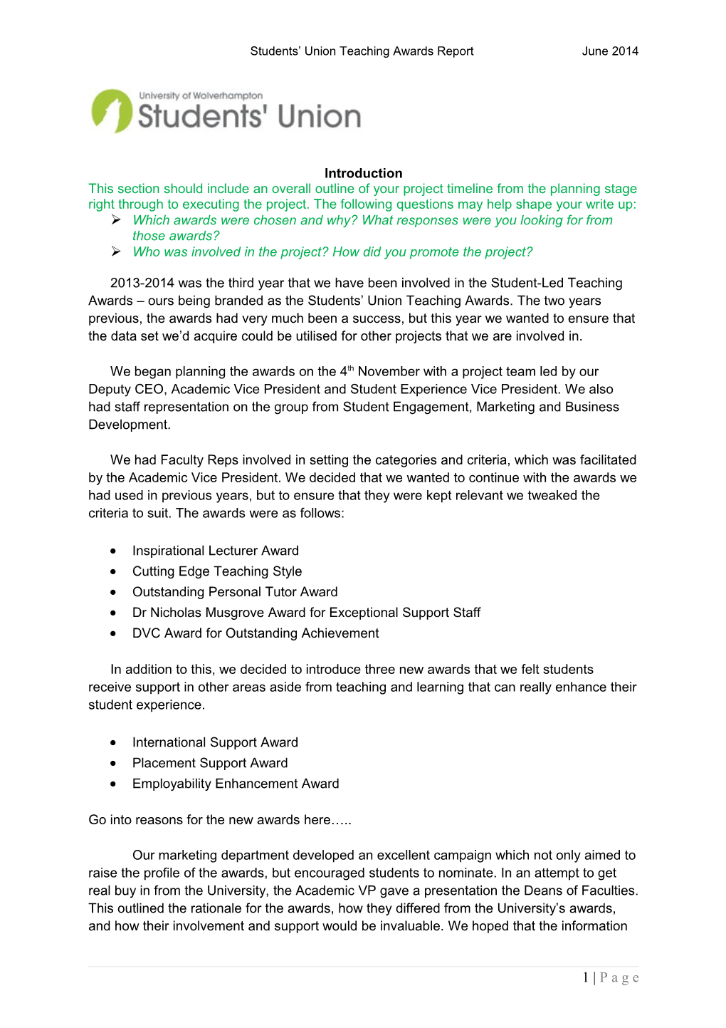 Students Union Teaching Awards Report June 2014
