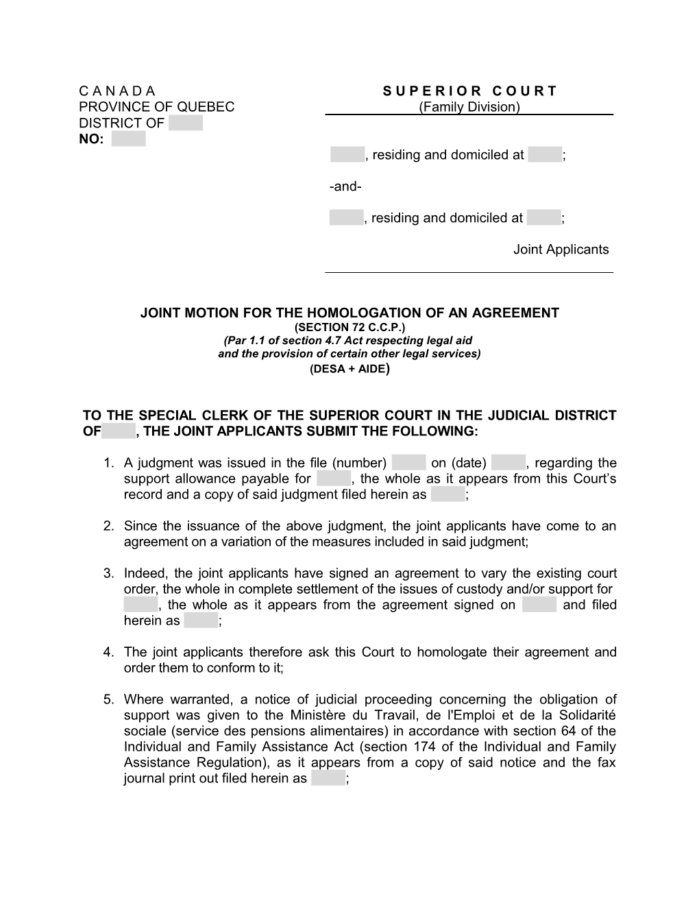 Joint Motion for the Homologation of an Agreement