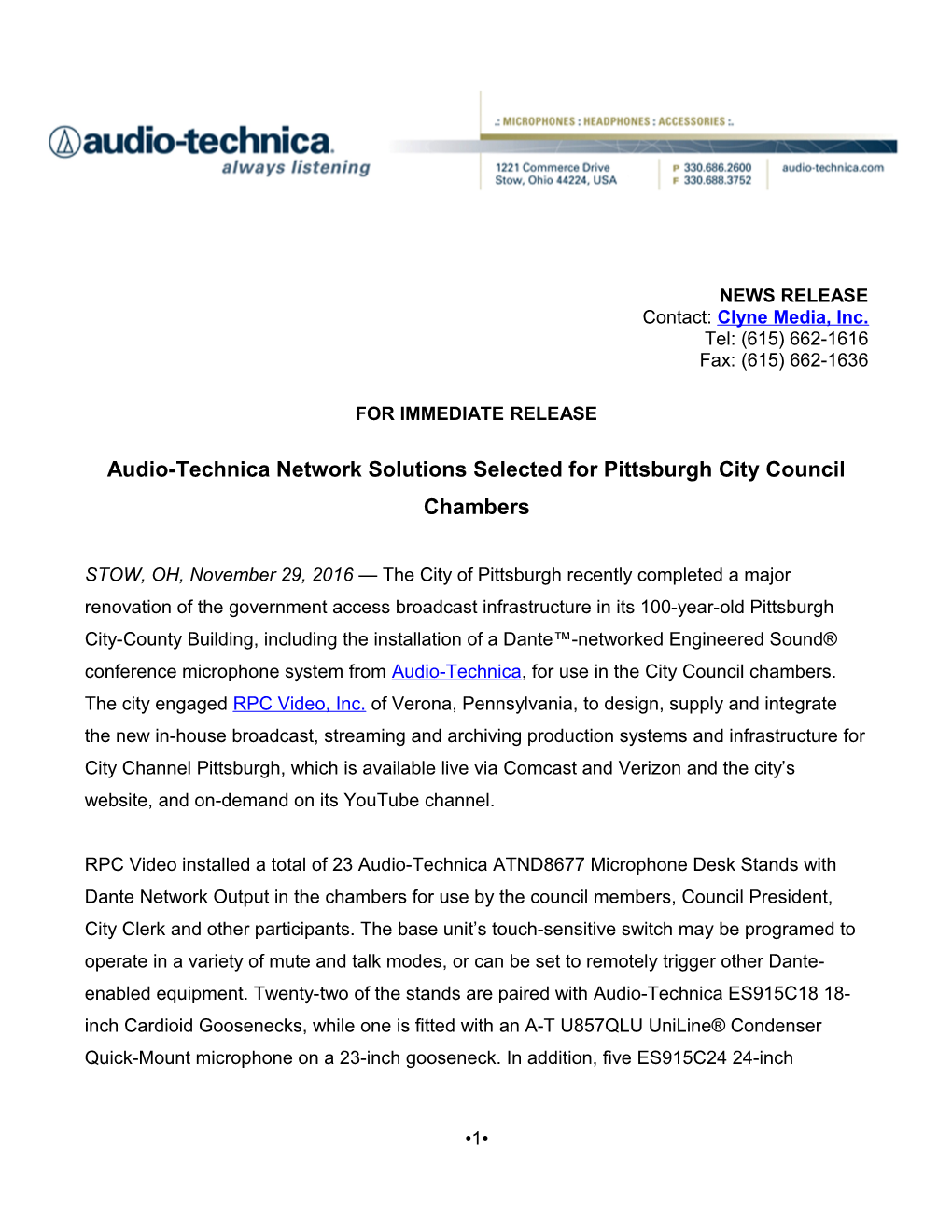 Audio-Technica Network Solutions Selected for Pittsburgh City Council Chambers