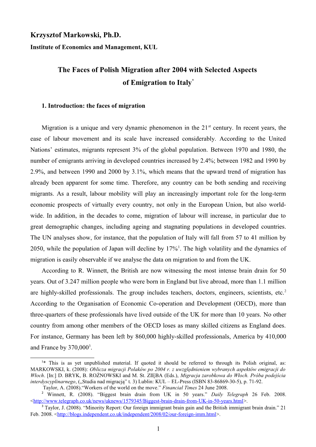 Faces of Polish Migration After 2004 with Selected Aspects of Emigration to Italy