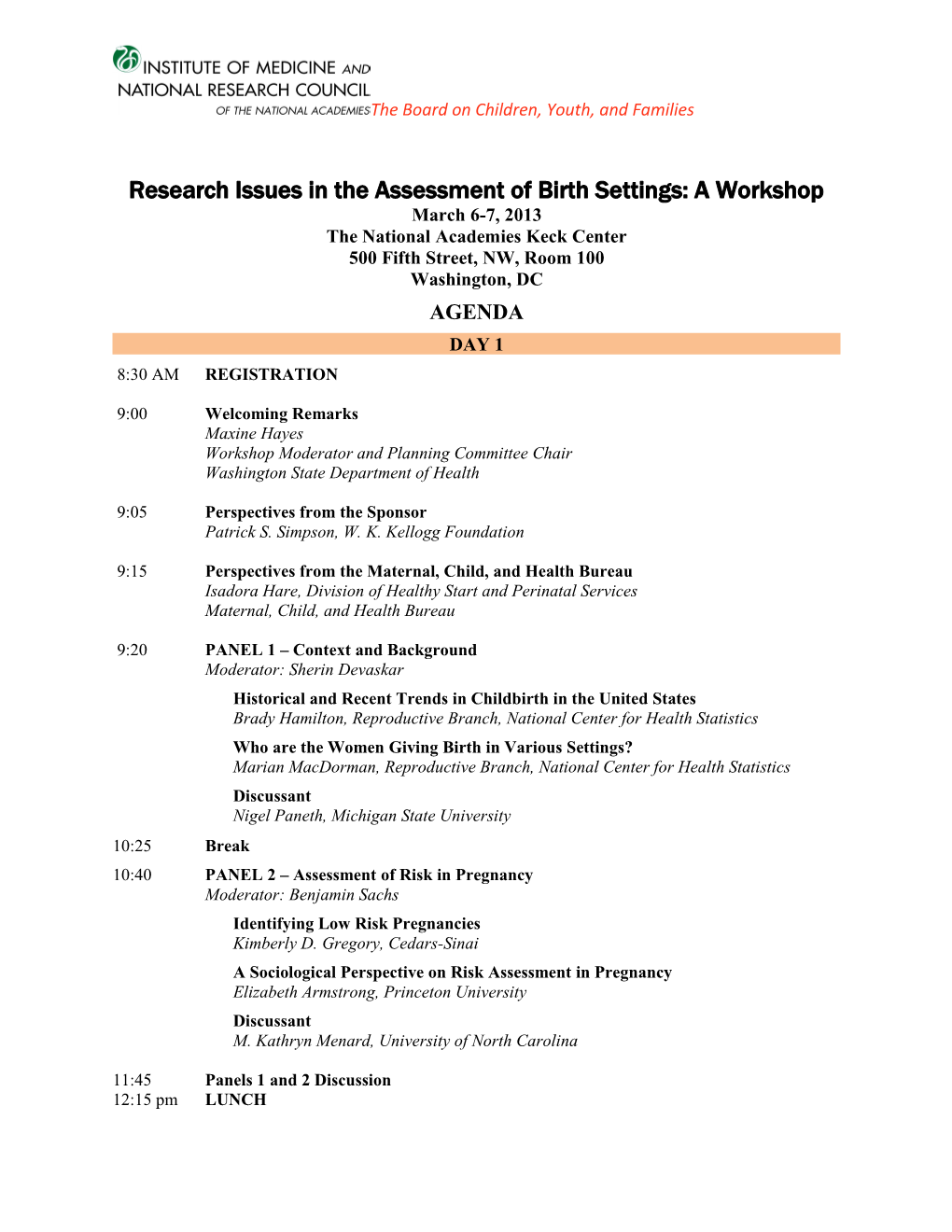 Research Issues in the Assessment of Birth Settings: a Workshop