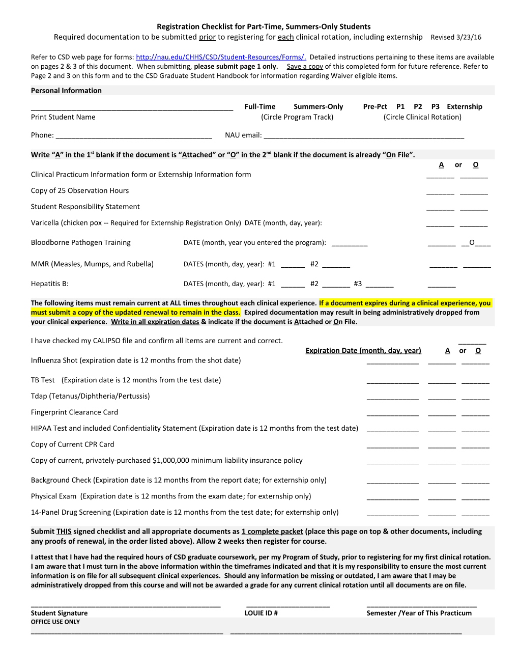 Listed Below Are Required Documentation BEFORE You Begin Your Practicum