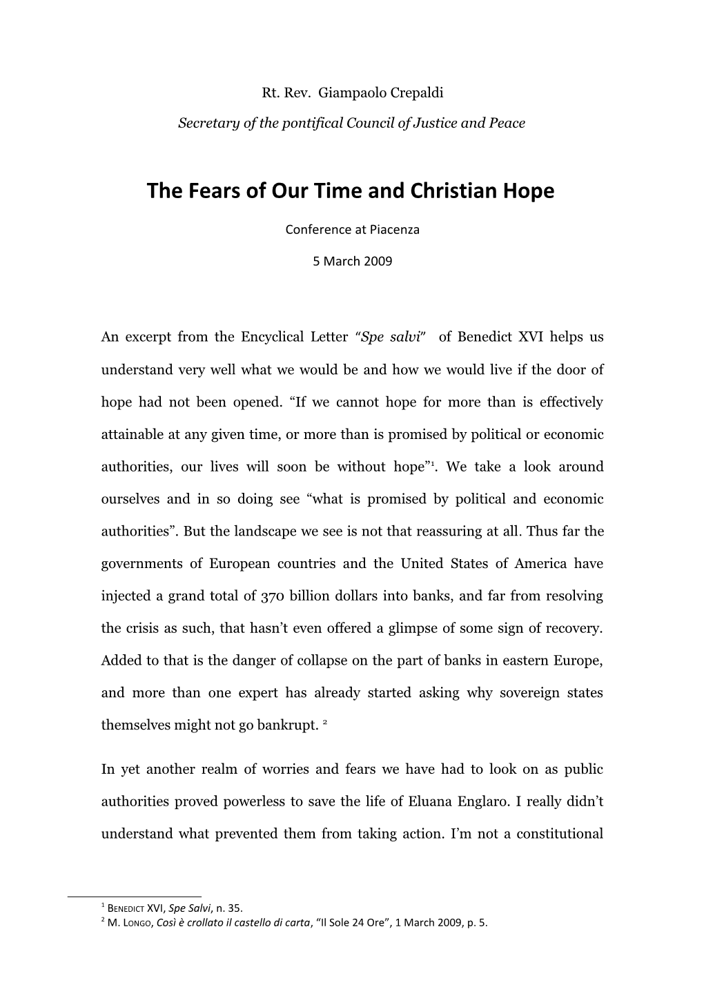 The Fears of Our Time and Christian Hope