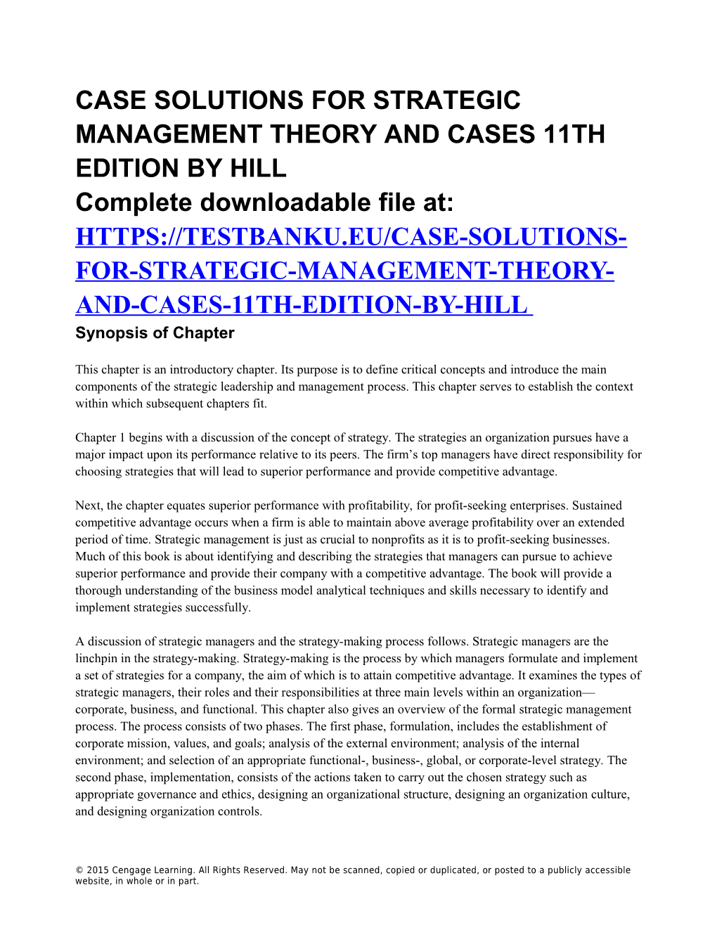 Case Solutions for Strategic Management Theory and Cases 11Th Edition by Hill