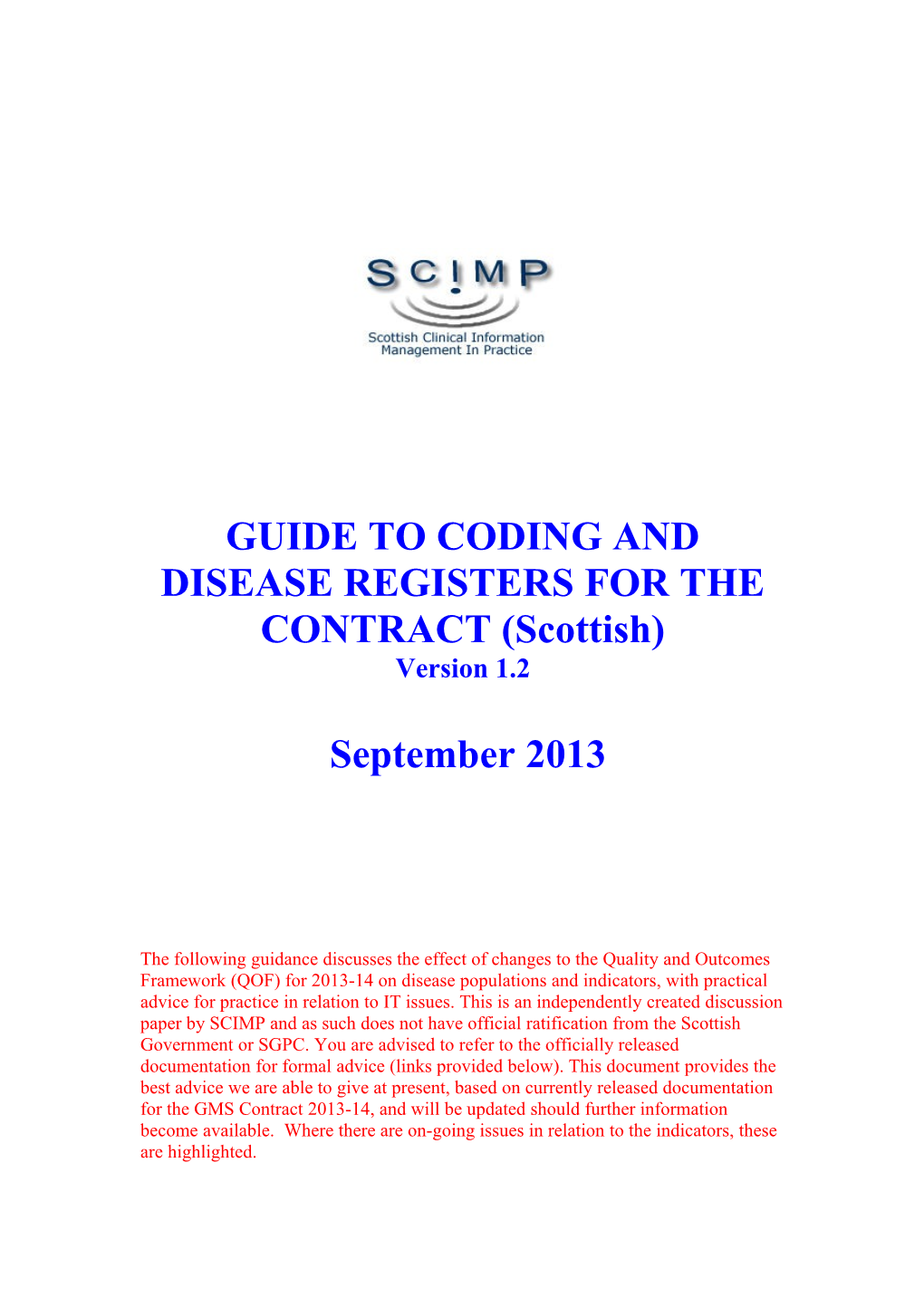 Scimp Guide to Coding and Disease Registers for the Contract 2006 07