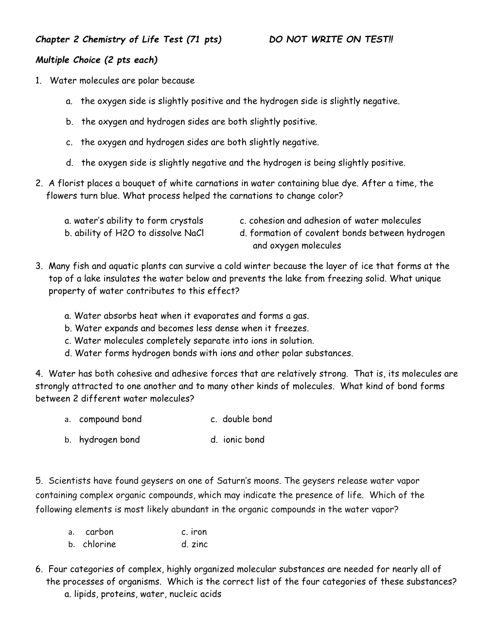 Chapter 2 Chemistry of Life Test (71 Pts)DO NOT WRITE on TEST