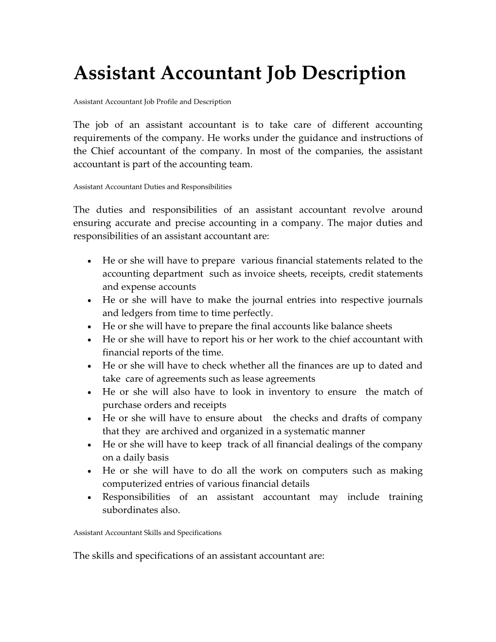 Assistant Accountant Job Description