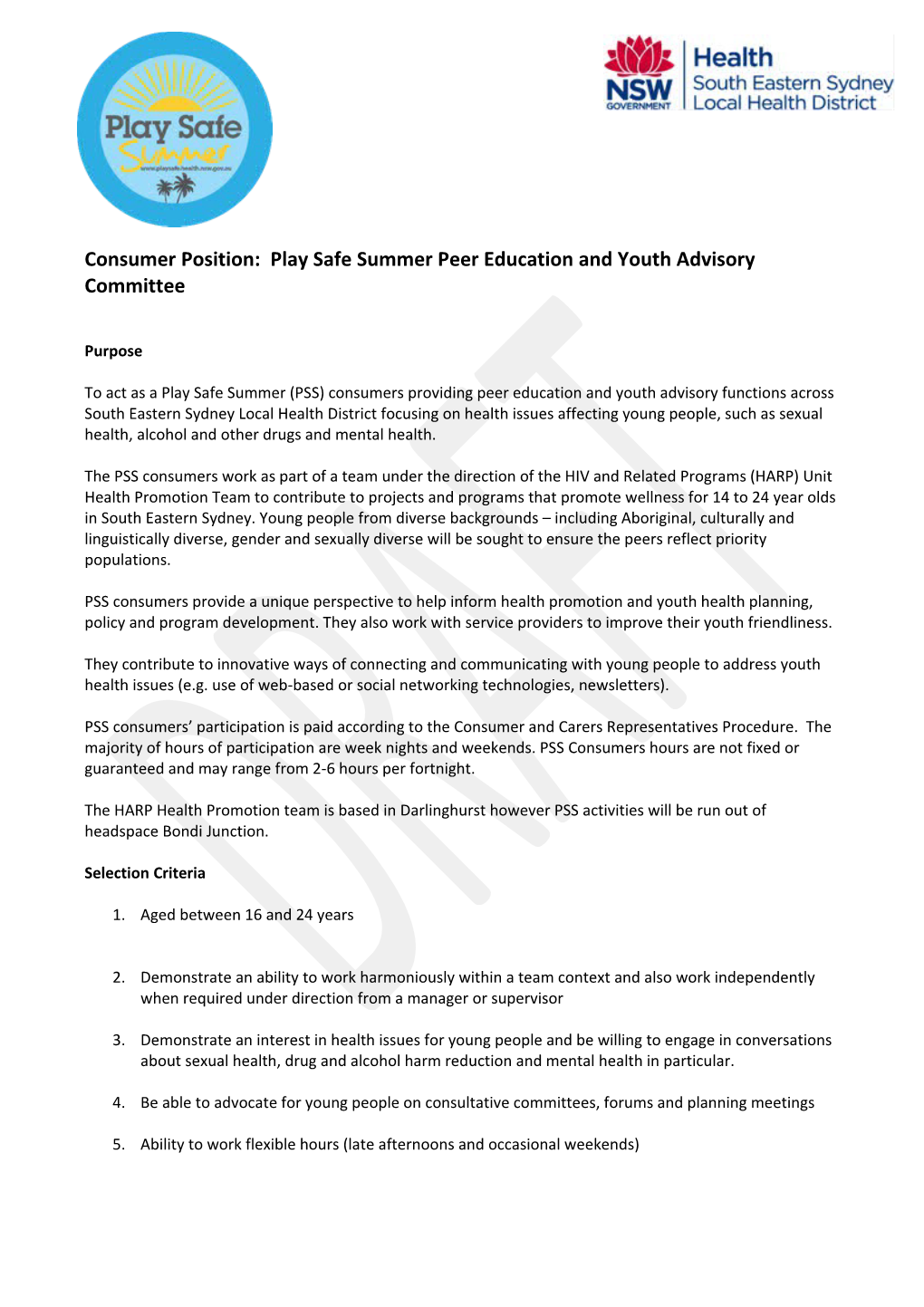 Consumer Position: Play Safe Summer Peer Education and Youth Advisory Committee