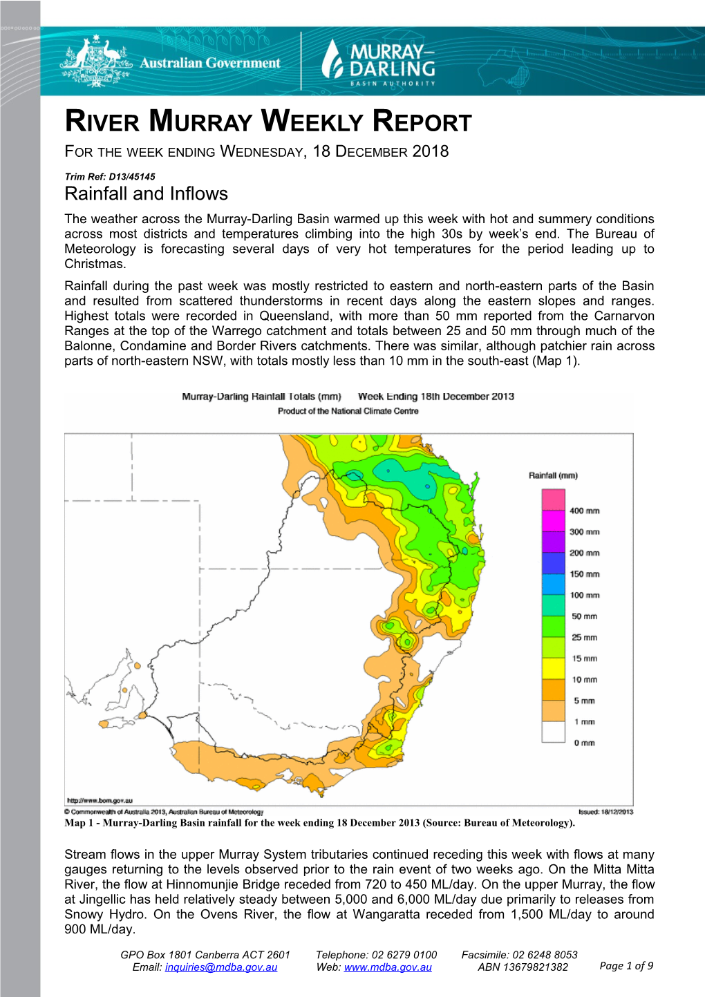 River Murray Operations Weekly Report 18Th December 2013