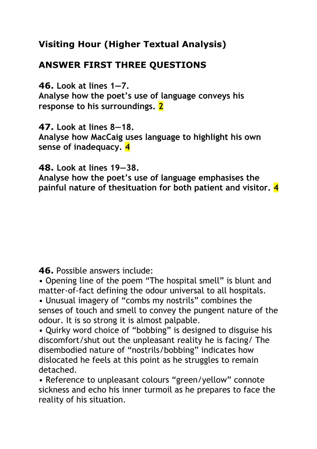 Visiting Hour (Higher Textual Analysis)