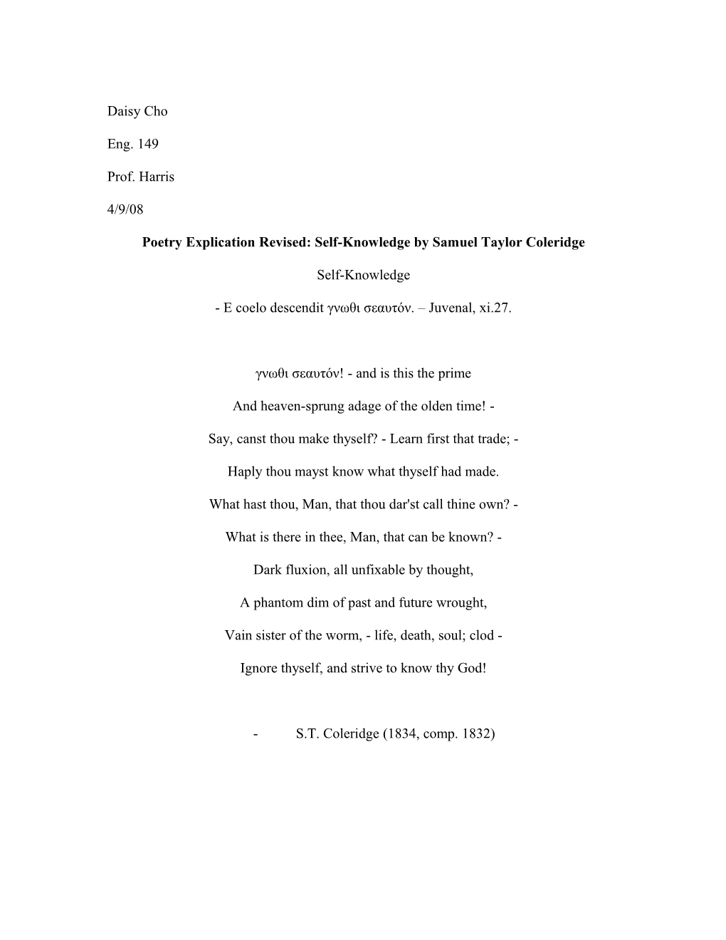 Poetry Explication Revised: Self-Knowledge by Samuel Taylor Coleridge