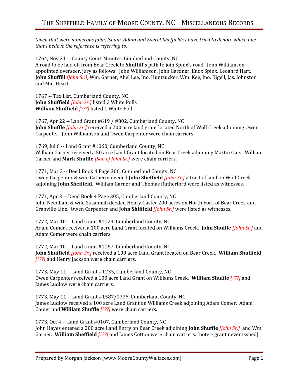 The Sheffield Family of Moore County, NC - Miscellaneous Records