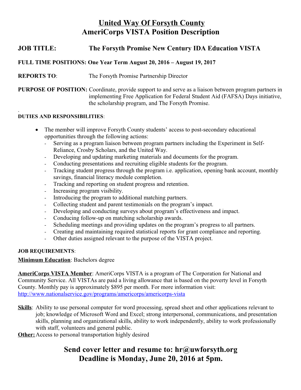 Americorps VISTA Position Description