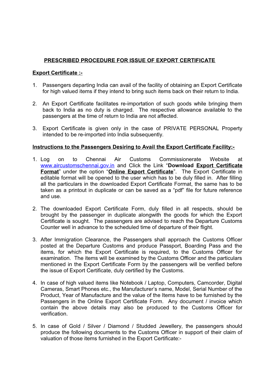 Prescribed Procedure for Issue of Export Certificate