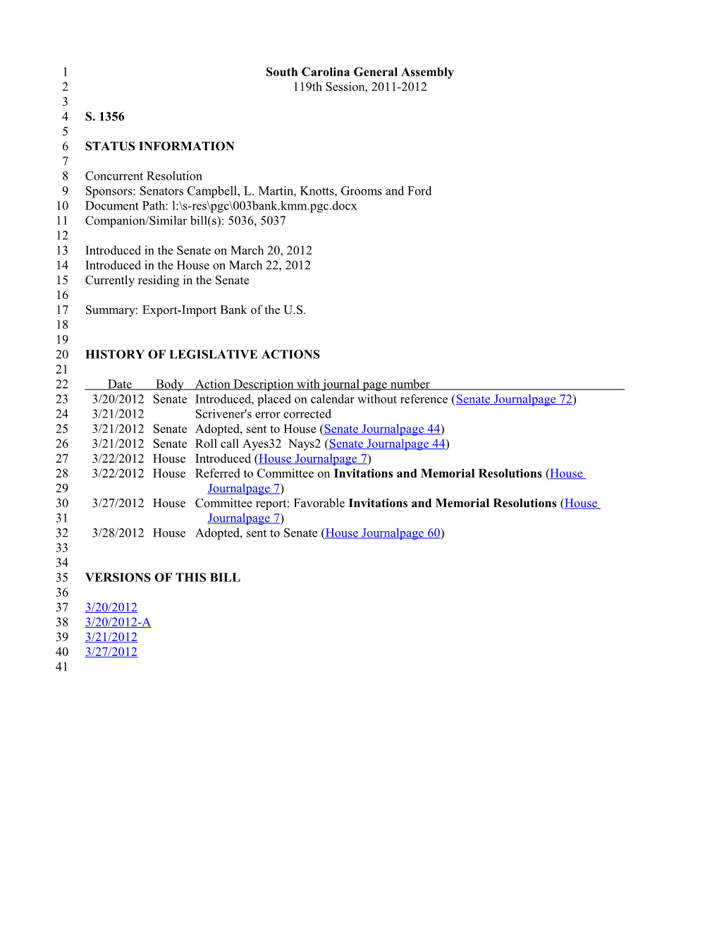 2011-2012 Bill 1356: Export-Import Bank of the U.S. - South Carolina Legislature Online