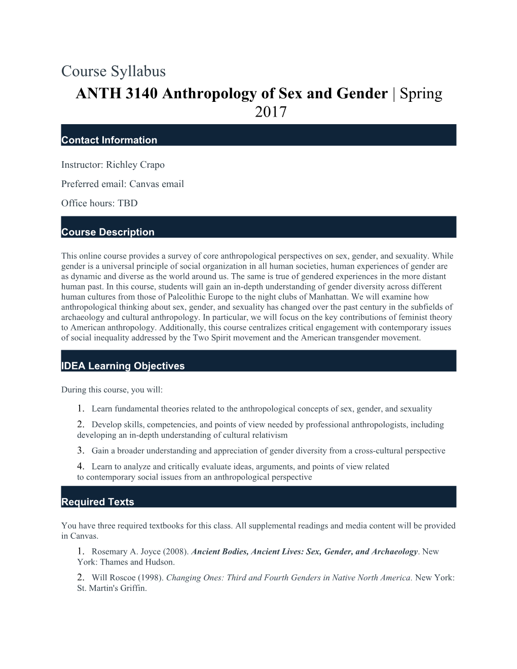 ANTH 3140 Anthropology of Sex and Gender Spring 2017
