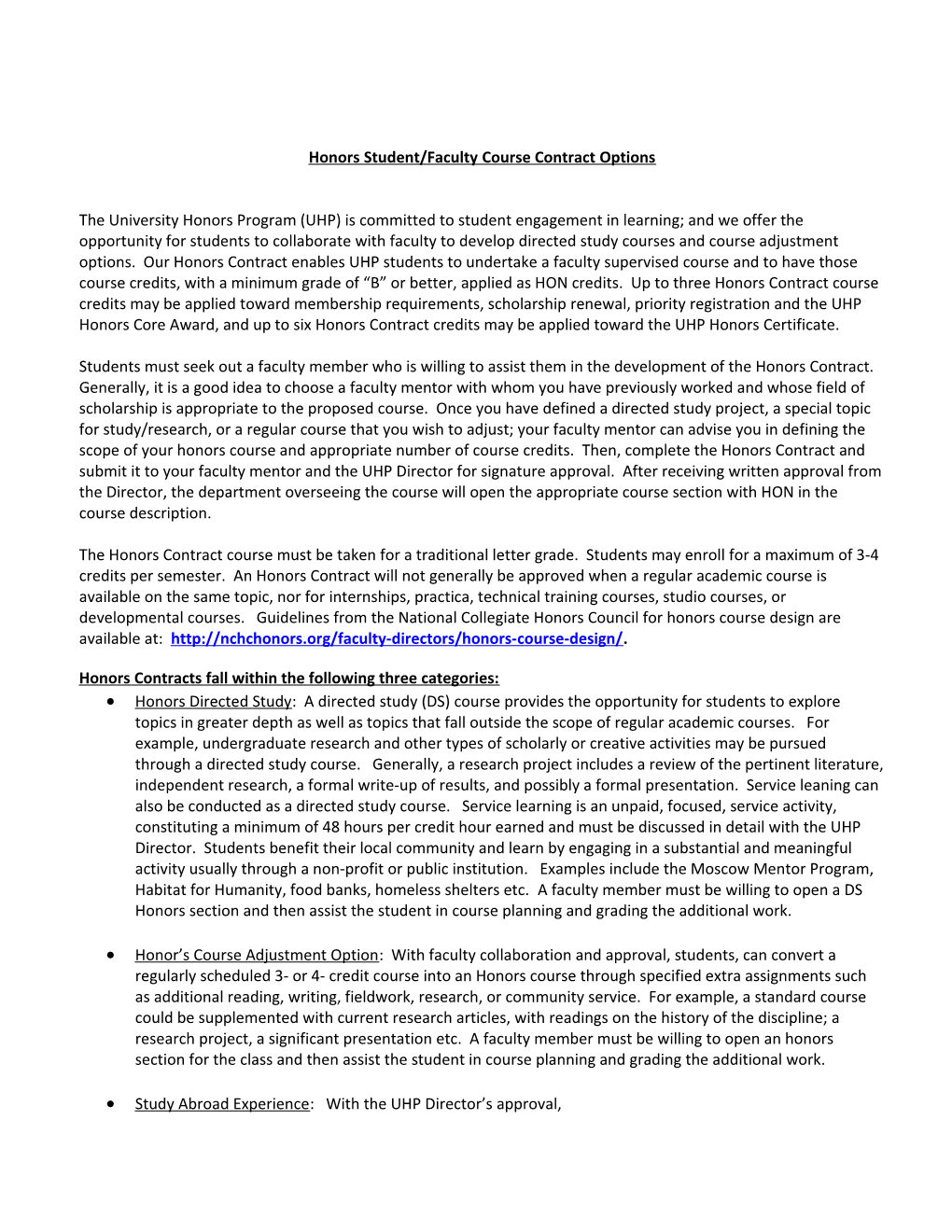 Honors Student/Faculty Course Contract Options