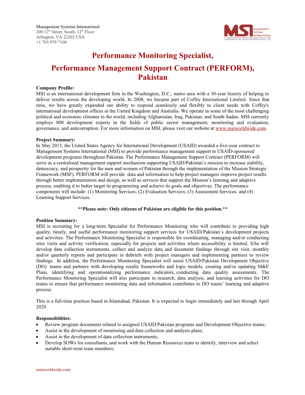 Performance Management Supportcontract(PERFORM), Pakistan