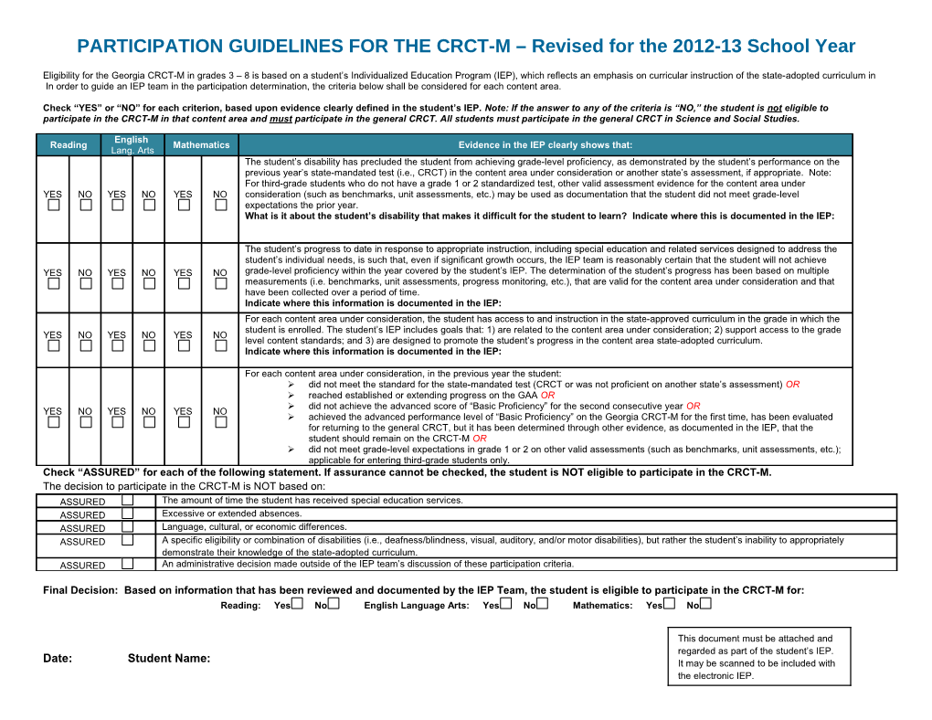 PARTICIPATION GUIDELINES for the CRCT-M (CCSS Guidance for Completing This Form)