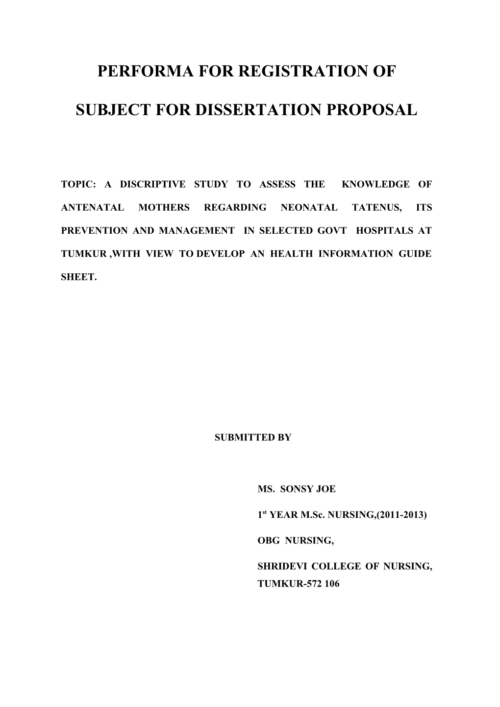 Performa for Registration of Subject for Dissertation Proposal