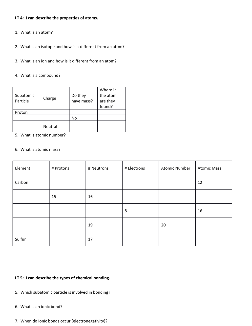 LT 4: I Can Describe the Properties of Atoms