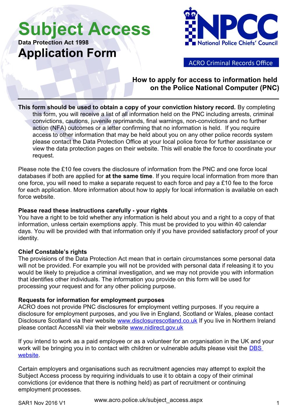 Data Protection Act 1998 Subject Access Application