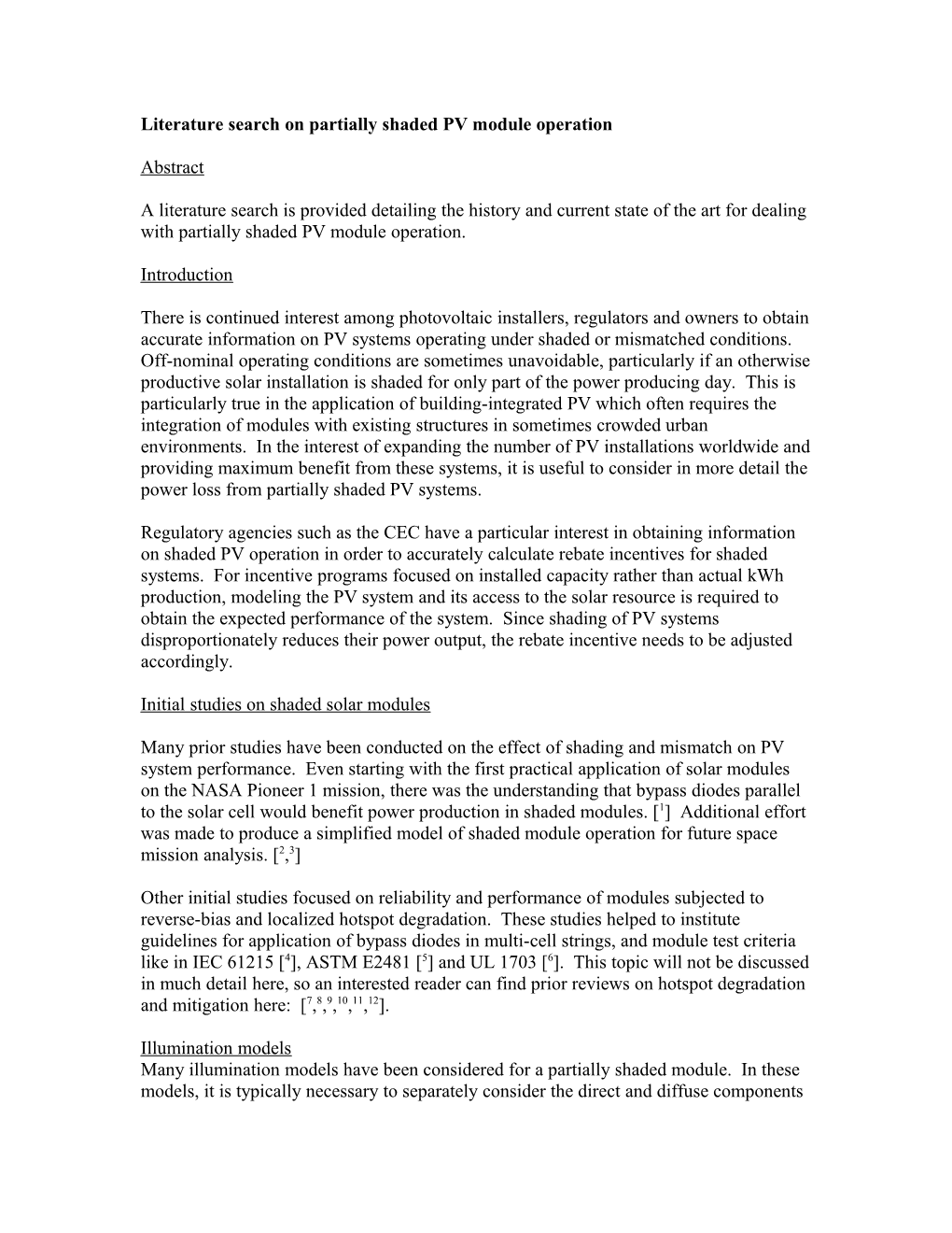 Literature Search on Partially Shaded PV Module Operation