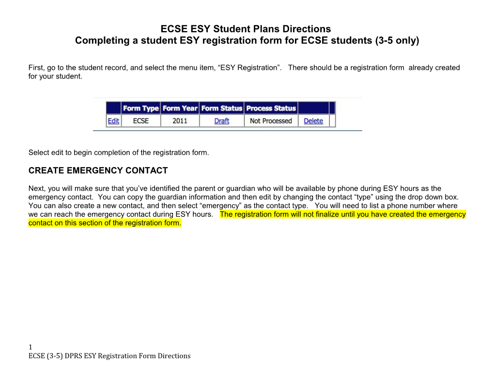 ECSE ESY Student Plans Directions