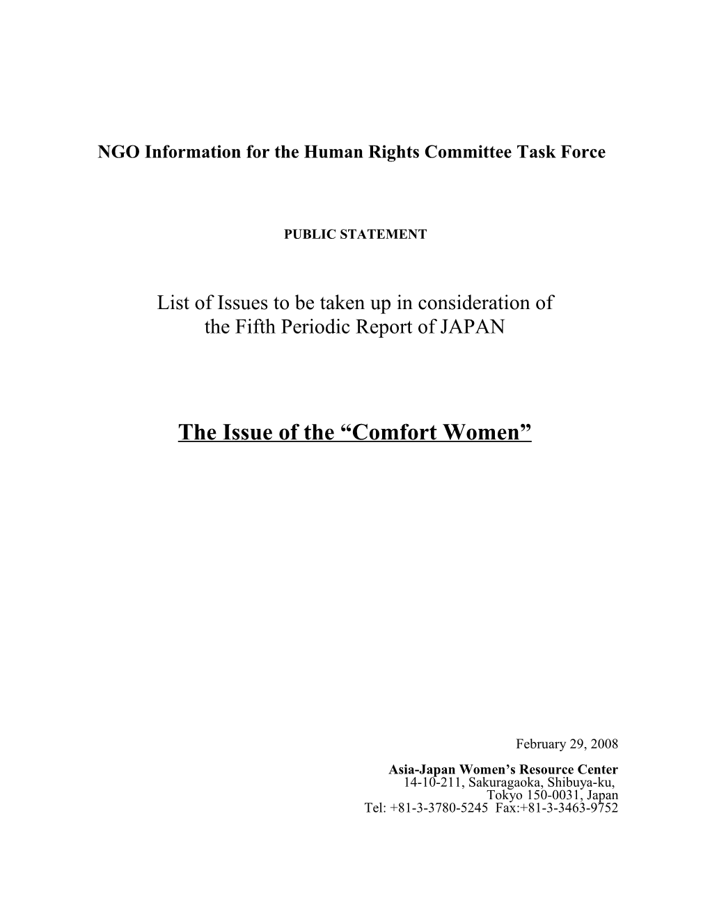 Information for the Human Rights Committee Task Force on the Examination of the Fifth Japanese