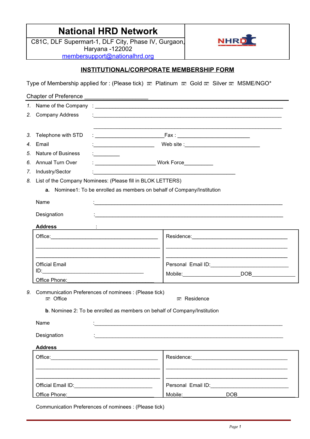 Institutional/Corporate Membership Form