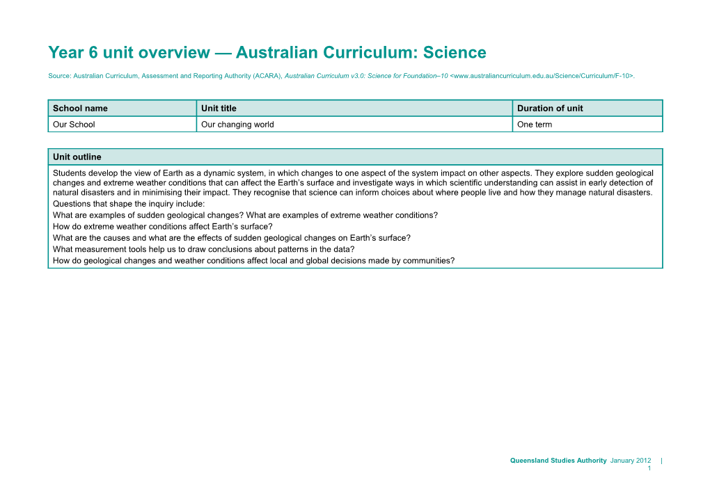 Year 6 Unit Overview Australian Curriculum: Science