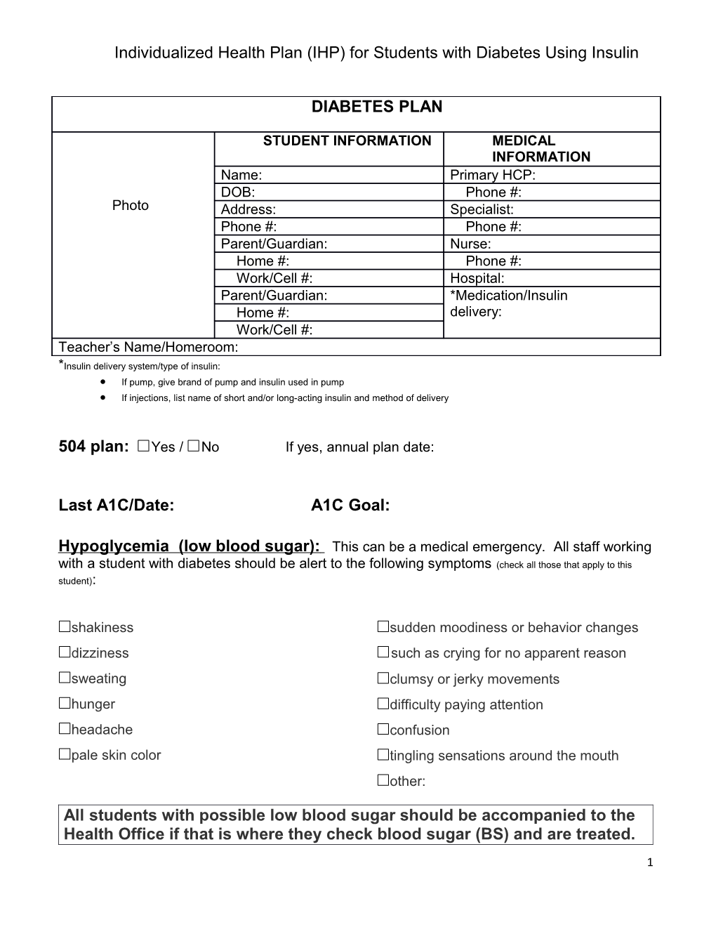 Individualized Health Plan (IHP) For