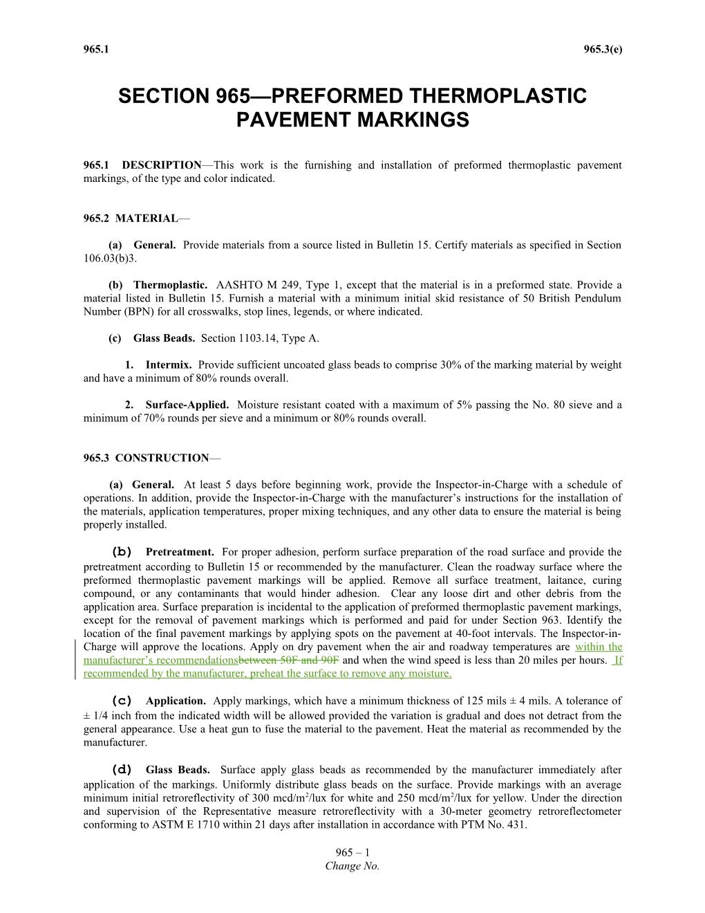 Section 965 Preformed Thermoplastic Pavement Markings