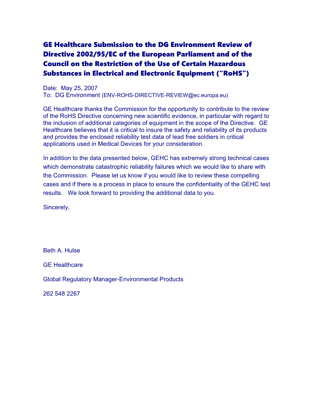 GE Healthcare Submission to the DG Environment Review of Directive 2002/95/Ecof the European