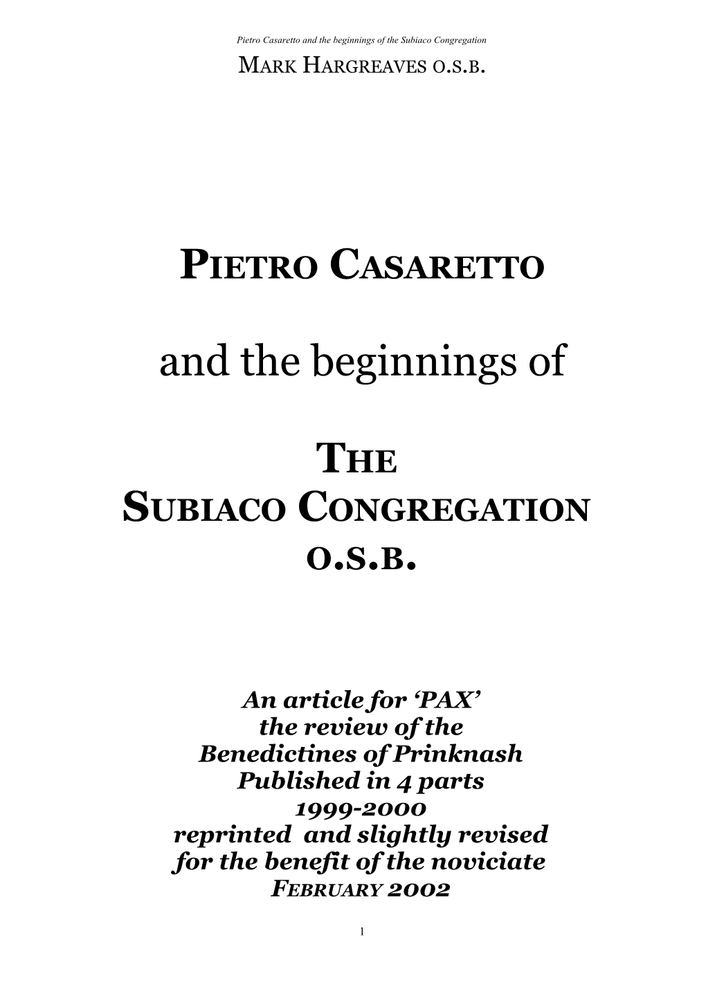 Pietro Casaretto and the Beginnings of the Subiaco Congregation